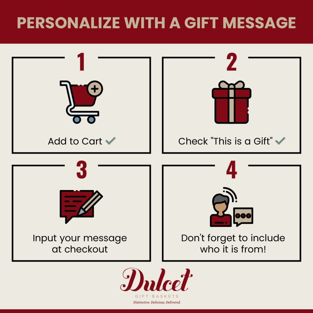Instructions for personalizing a gift message with an icon-based guide on a white background.