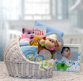 Send a gift basket delivery of: Welcome Baby Bassinet New Baby Basket-Blue - baby bath set - baby boy gift basket - new baby gift basket - baby gift baskets - baby shower gifts