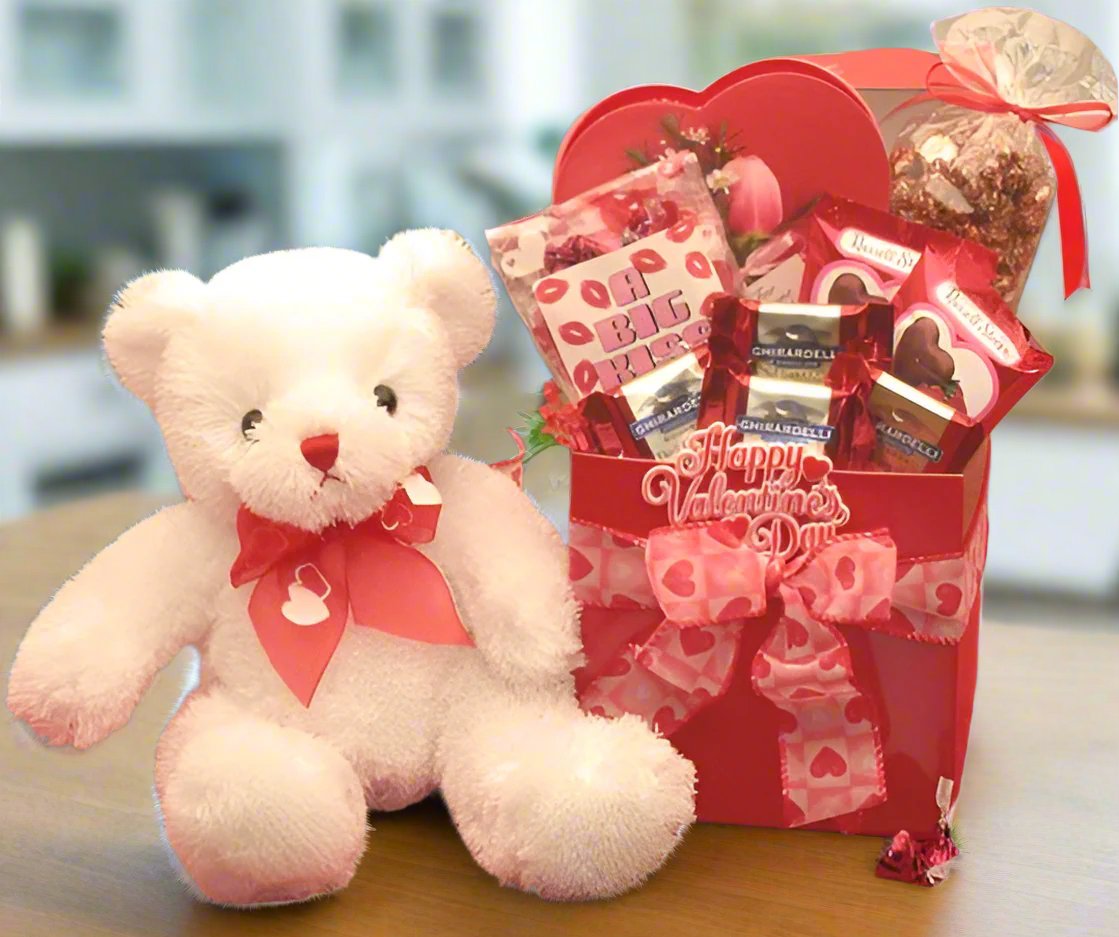 Send a gift basket delivery of: A Big Kiss For You Valentines Day Care Package - valentines day candy - valentines day gifts - chocolate care package