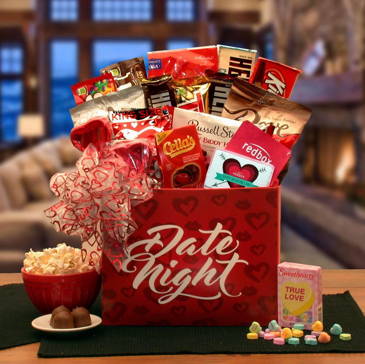 Send a gift basket delivery of: Date Night Valentine Gift Box - valentines day candy - valentines day gifts - valentines day gifts for him - valentines day gifts for her