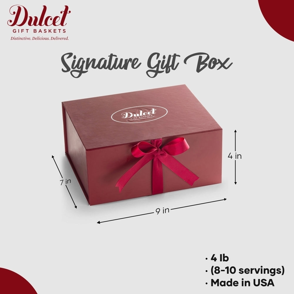 Dulce Gift Baskets signature gift box with dimensions and product details on a white background