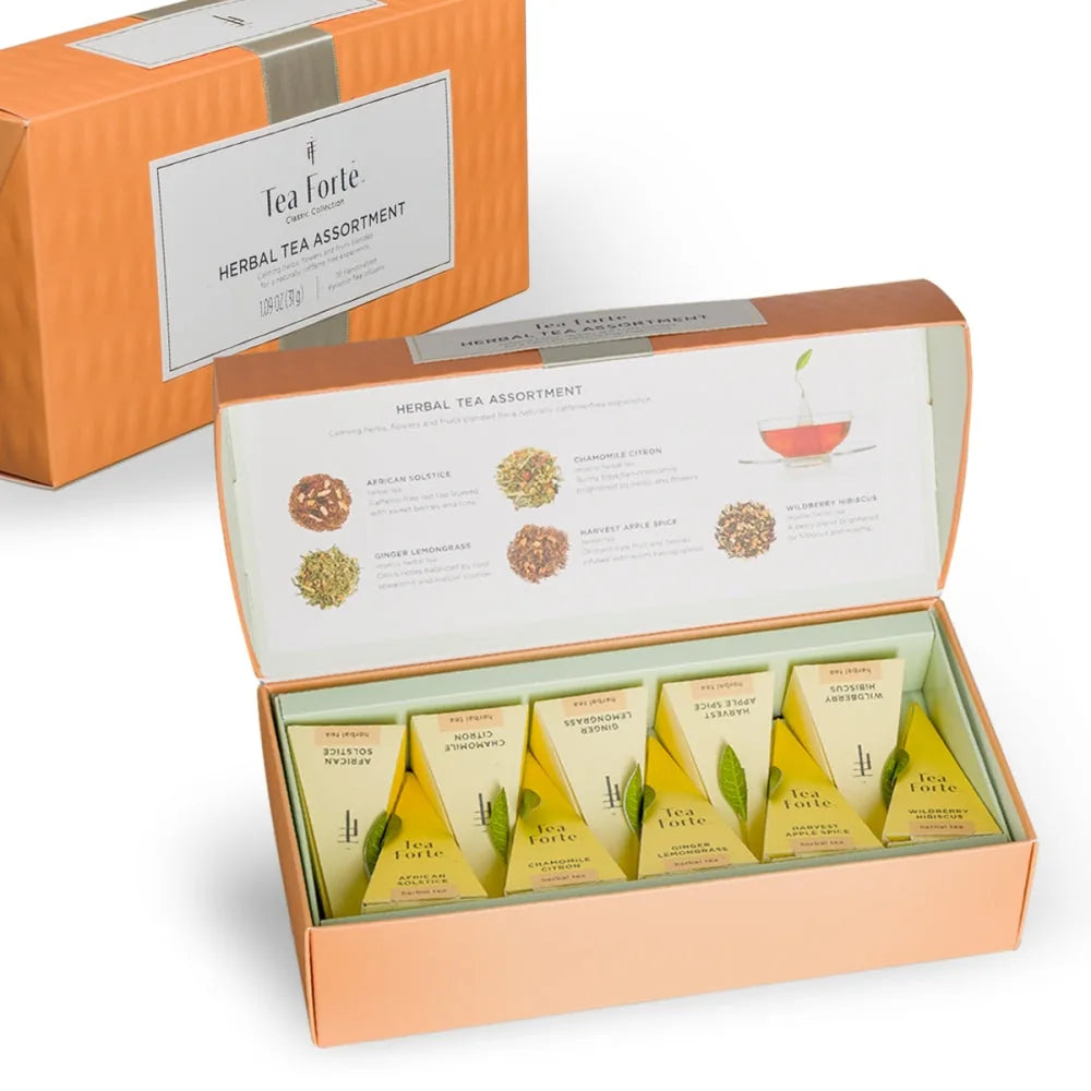 Open Tea Forte Herbal Tea Assortment box with ten pyramid tea infusers and the five herbal blends named inside the lid