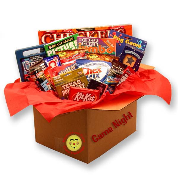 Care package box filled with snacks and treats for game night delivery