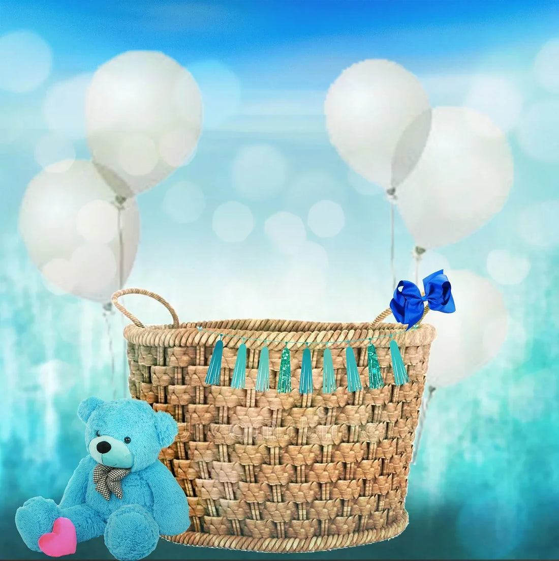 New baby gift basket with teddy bear, balloons, and wicker basket for delivery