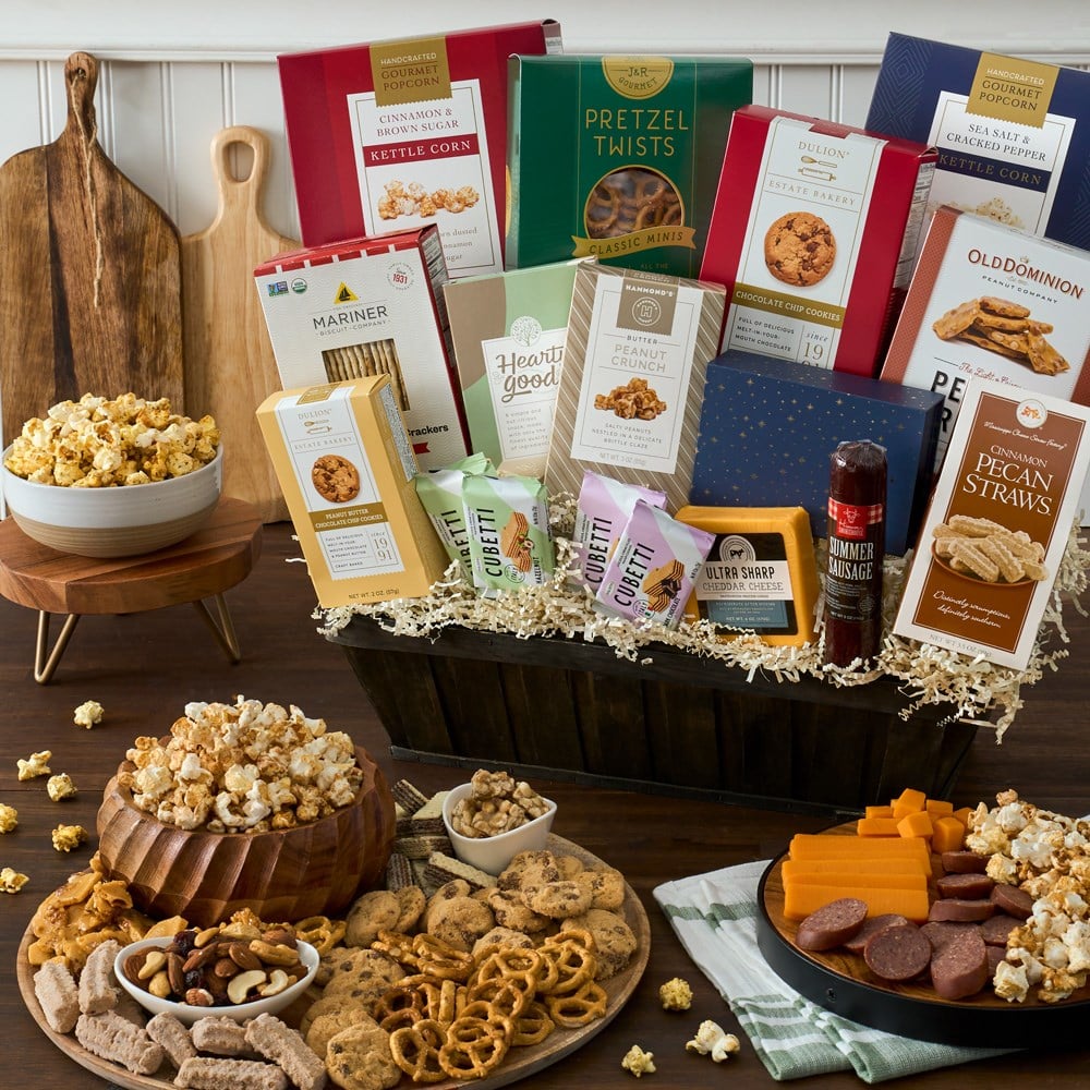 A gourmet gift basket with snacks and sweets