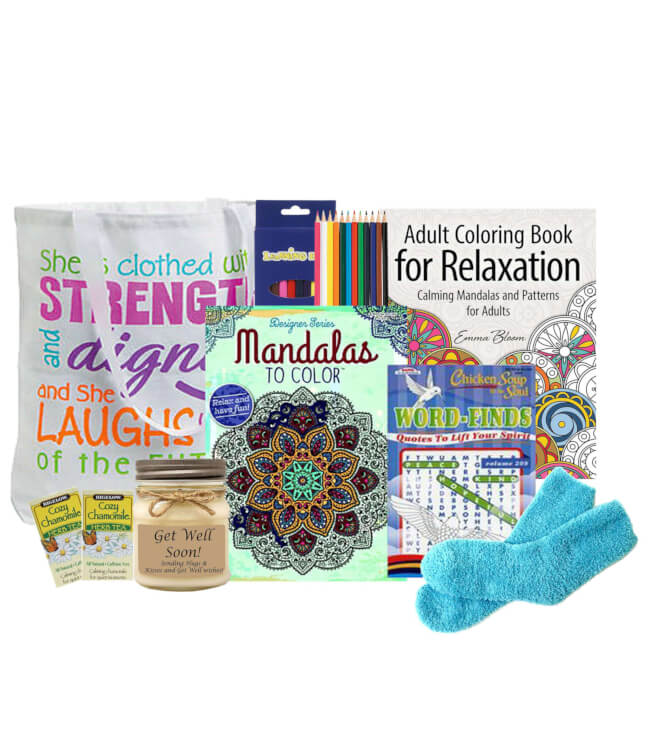 Send a gift basket delivery of: Stress Reducing Coloring Gift Tote- get well soon gifts for women - get well soon gift basket - get well soon gifts