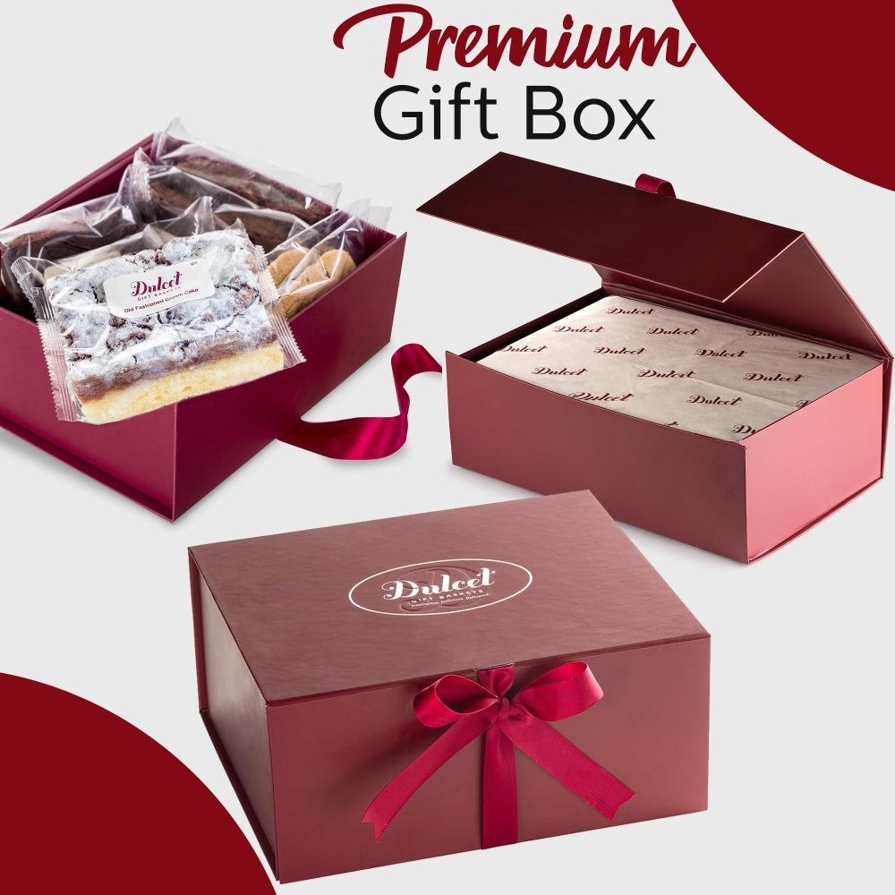 Red gift box with a ribbon and 'Dulce' branding, featuring a smaller box with a bow.