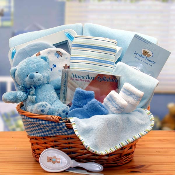 Send a gift basket delivery of: Simply The Baby Basics New Baby Gift Basket- Blue - baby bath set -  baby boy gift basket - new baby gift basket - baby gift baskets - baby shower gifts