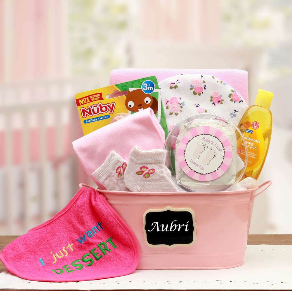 Send a gift basket delivery of: Baby Basics Gift Pail Pink - baby bath set -  baby girl gifts - new baby gift basket - baby gift baskets - baby shower gifts