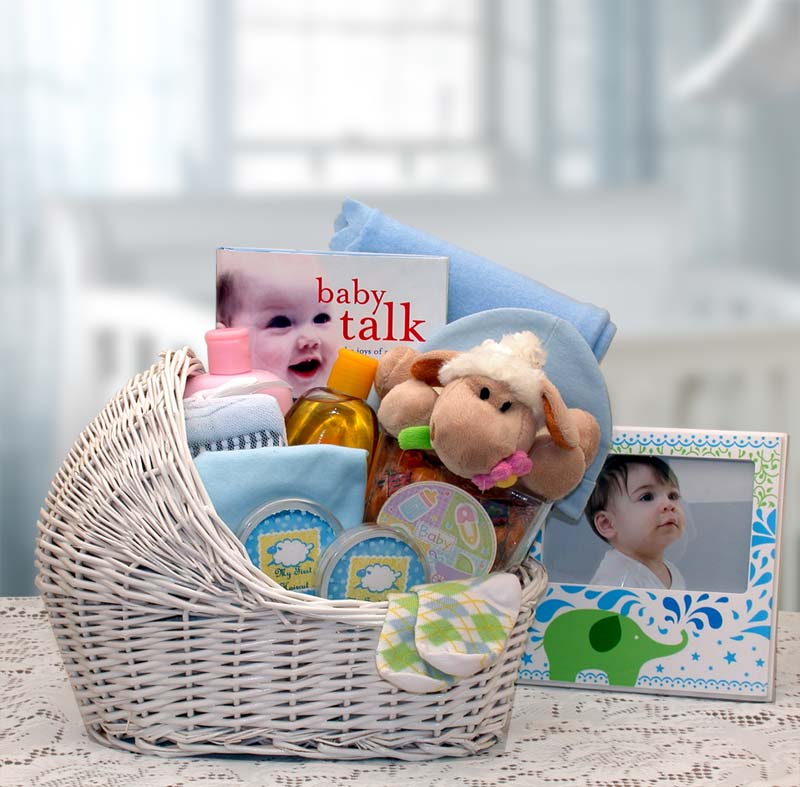 Send a gift basket delivery of: Welcome Baby Bassinet New Baby Basket-Blue - baby bath set -  baby boy gift basket - new baby gift basket - baby gift baskets - baby shower gifts