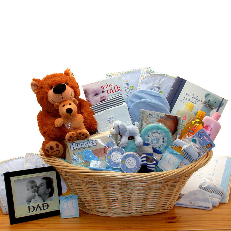 Send a gift basket delivery of: Deluxe Welcome Home Precious Baby Basket-Blue - baby bath set -  baby boy gift basket - new baby gift basket - baby gift baskets - baby shower gifts