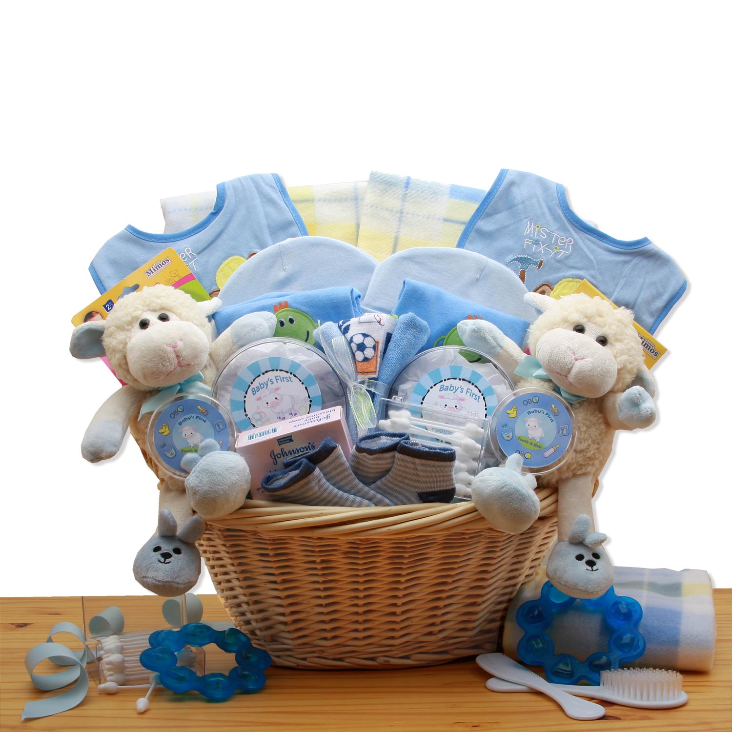 Send a gift basket delivery of: Double Delight  Twins New Baby Gift Basket - Blue - baby bath set -  baby boy gift basket - new baby gift basket - baby gift baskets - baby shower gifts