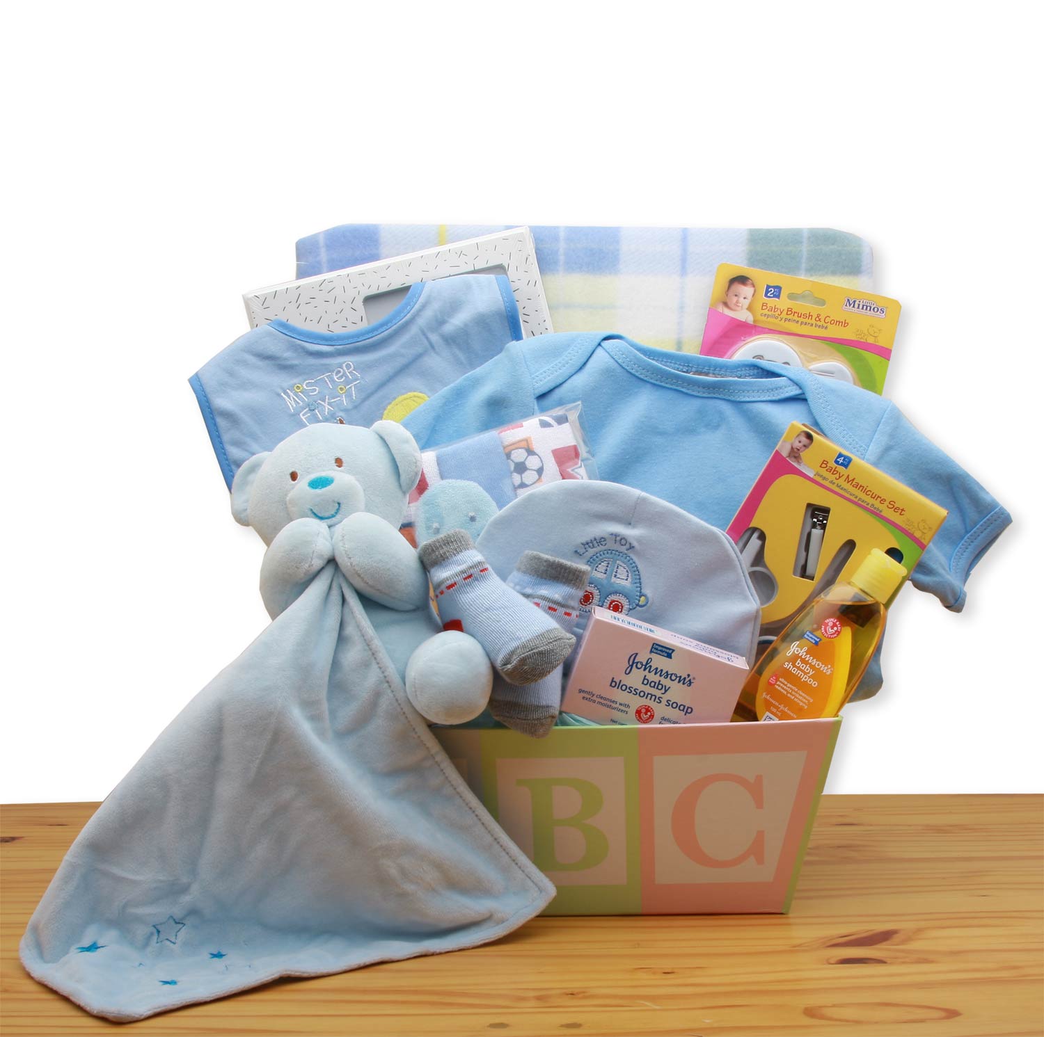 Send a gift basket delivery of: Easy as ABC New Baby Gift Basket - Blue - baby bath set -  baby boy gift basket - new baby gift basket - baby gift baskets - baby shower gifts