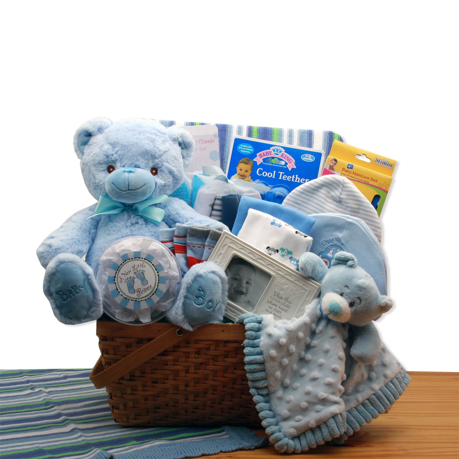 Send a gift basket delivery of: My First Teddy Bear New Baby Gift Basket - Blue - baby bath set -  baby boy gift basket - new baby gift basket - baby gift baskets - baby shower gifts