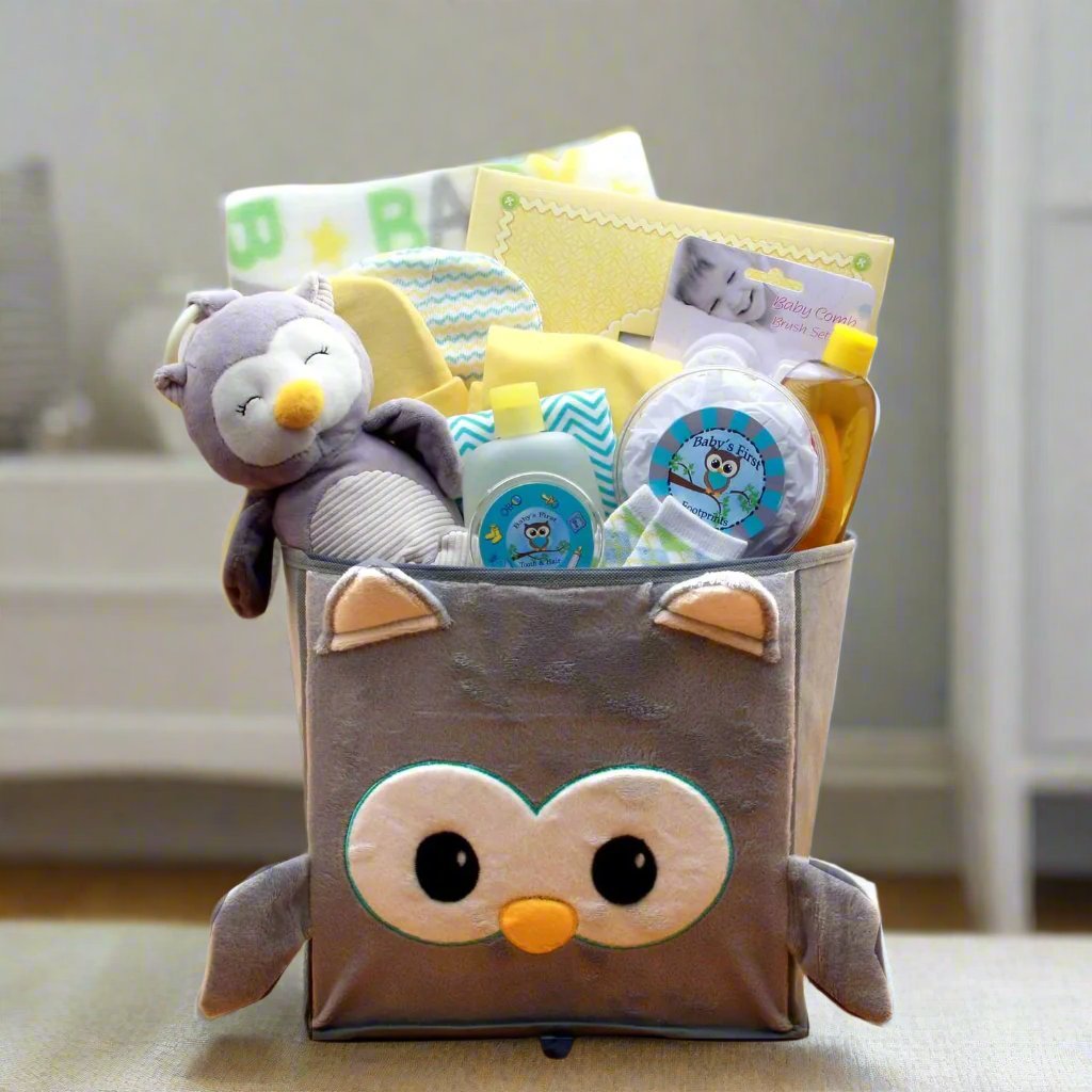 Send a gift basket delivery of: A Little Hoot New Baby Gift Basket - baby bath set -  new baby gift basket - baby gift baskets - baby shower gifts