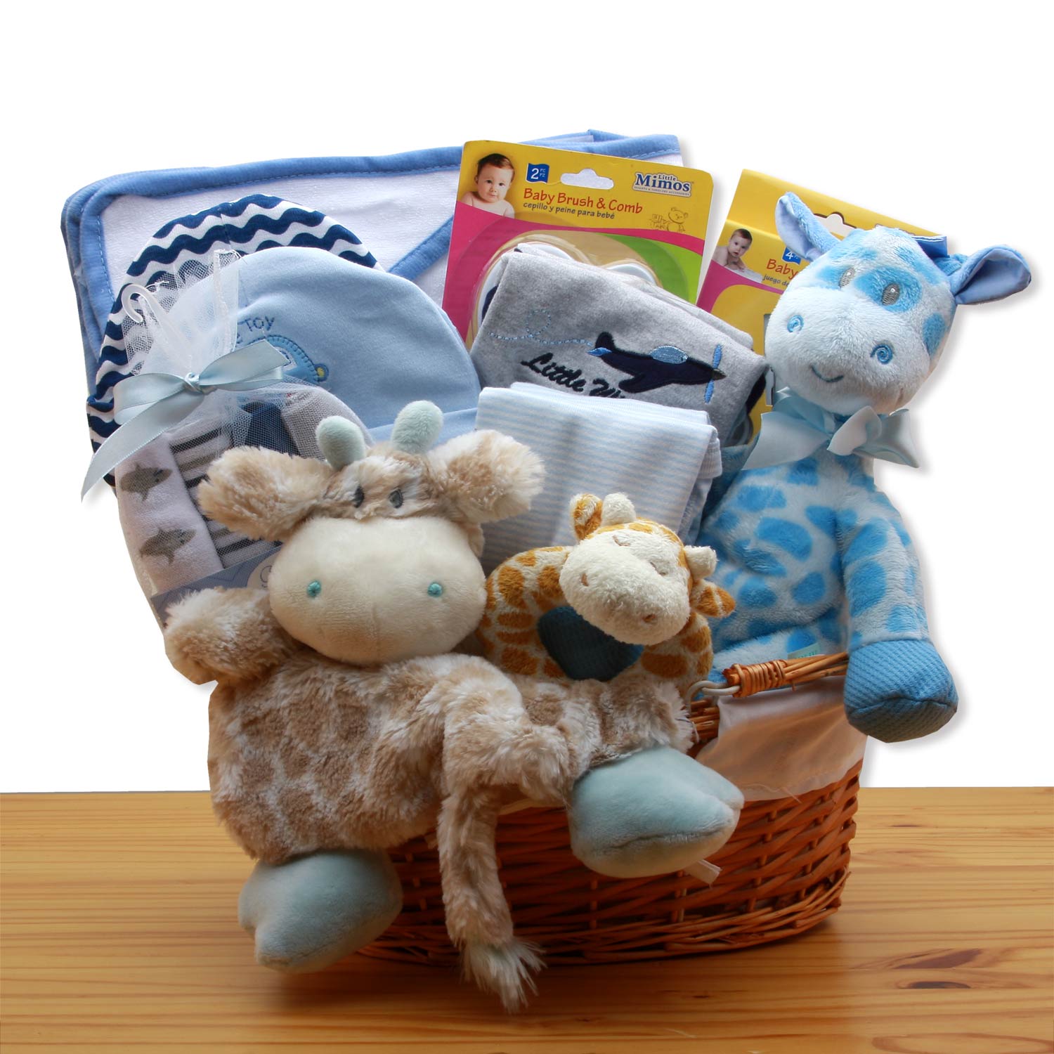 Send a gift basket delivery of: Jungle Safari New Baby Gift Basket - Blue - baby bath set -  baby boy gift basket - new baby gift basket - baby gift baskets - baby shower gifts