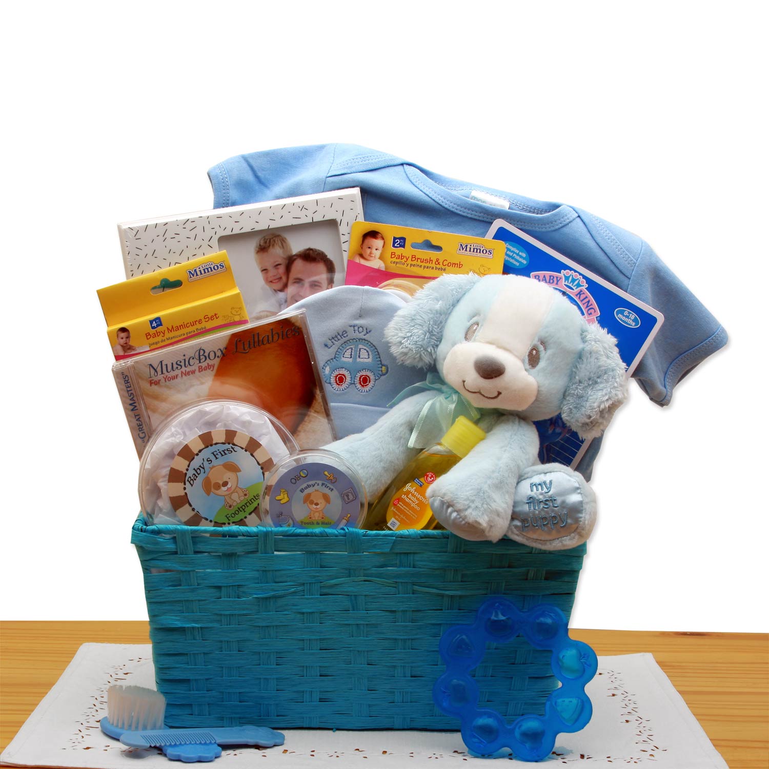 Send a gift basket delivery of: Puppy Love New Baby Gift Basket - Blue - baby bath set -  baby boy gift basket - new baby gift basket - baby gift baskets - baby shower gifts