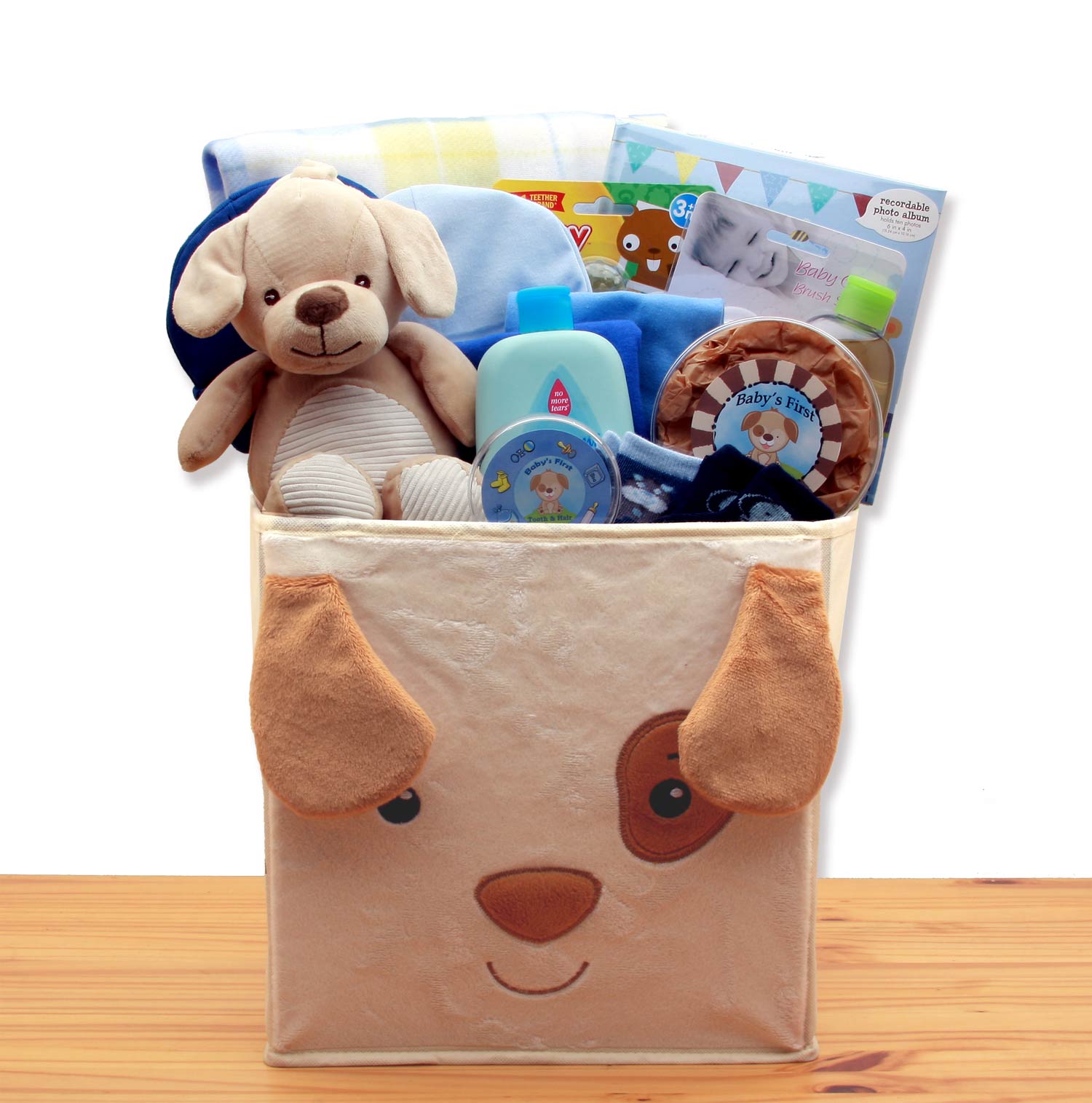 Send a gift basket delivery of: Puppy Tails  New Baby Gift Basket - baby bath set -  baby boy gift basket - new baby gift basket - baby gift baskets - baby shower gifts