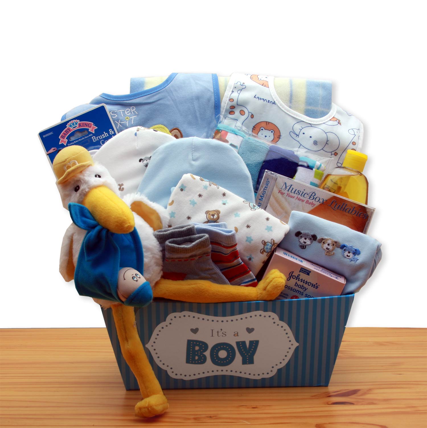 Send a gift basket delivery of: A Special Delivery New Baby Gift Basket - Blue - baby bath set -  baby boy gift basket - new baby gift basket - baby gift baskets - baby shower gifts