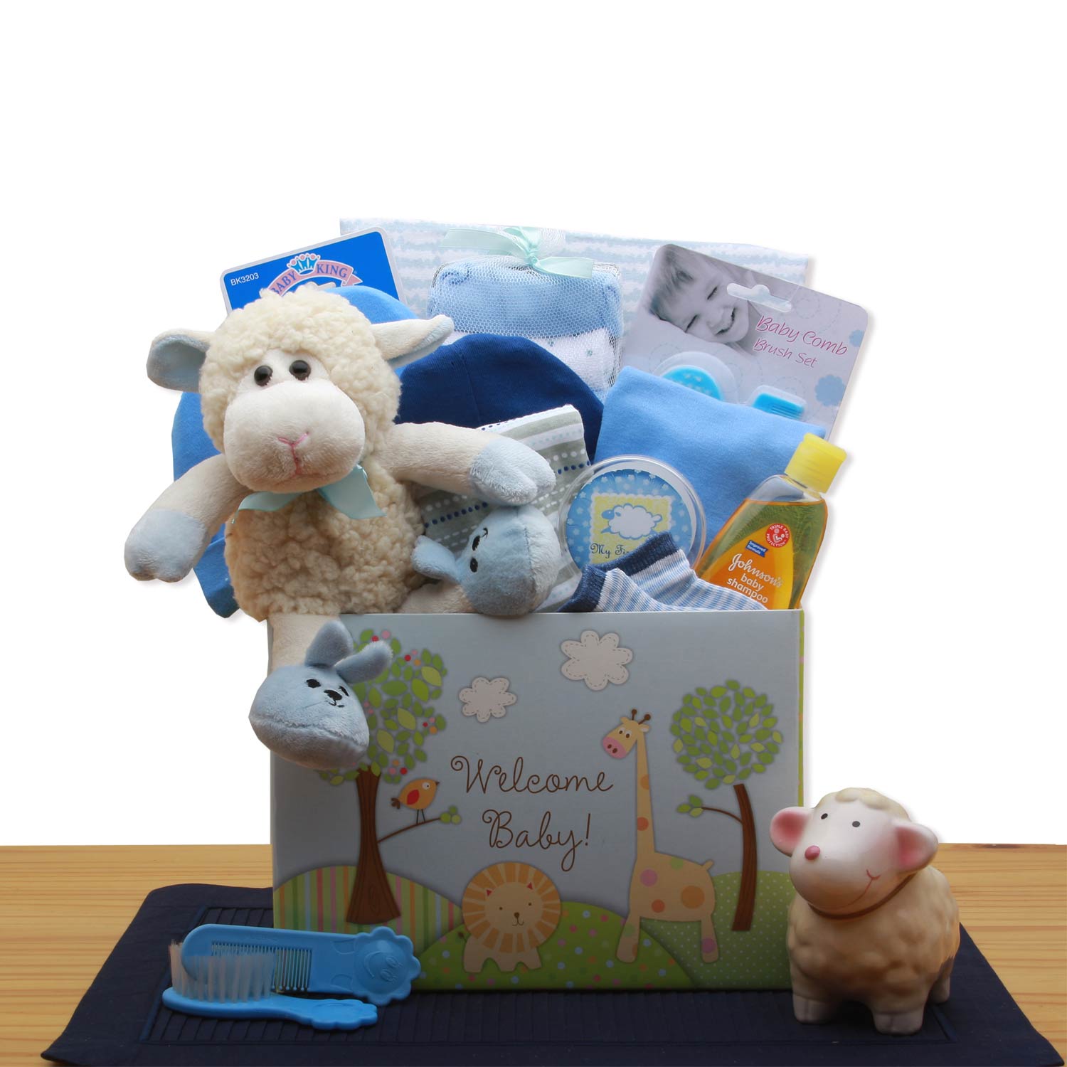 Send a gift basket delivery of: Welcome New Baby Gift Box - Blue - baby bath set -  baby boy gift basket - new baby gift basket - baby gift baskets - baby shower gifts