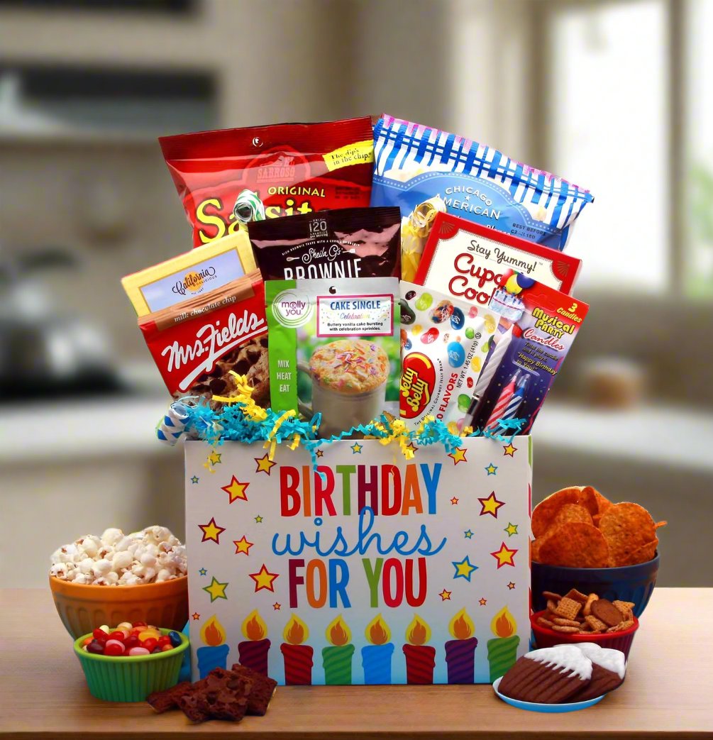 Send a gift basket delivery of: A Birthday Celebration Gift Box - Surprise Birthday Gift Basket