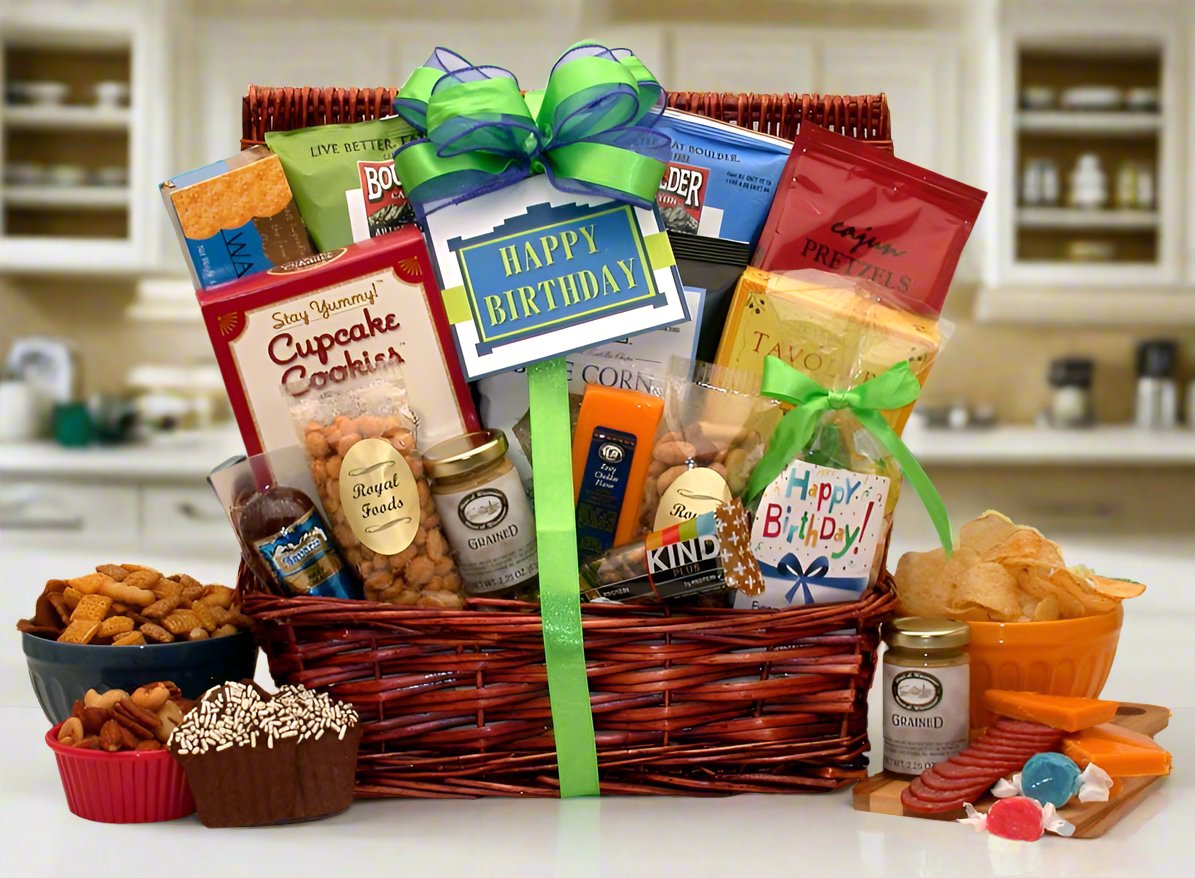 Gourmet food birthday basket image.