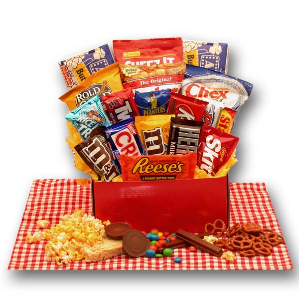 Send a gift basket delivery of: All American Favorites Snack Care Package - candy and chocolate care package