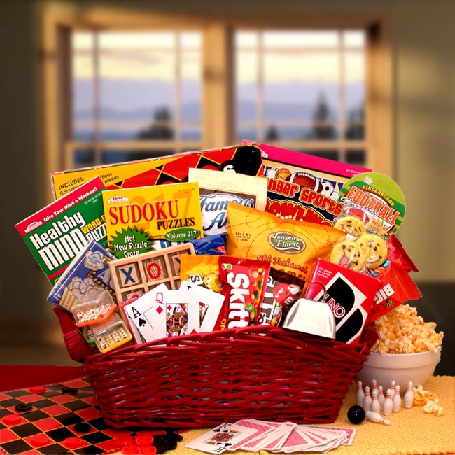 Send a gift basket delivery of: Fun & Games Gift Basket - get well soon basket - get well soon gifts for women - get well soon gifts for men