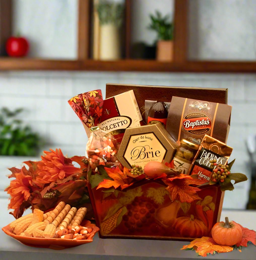 Send a gift basket delivery of: A Gourmet Fall Harvest Fall Gift Basket- Thanksgiving gift basket - Fall gift basket