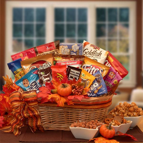 Send a gift basket delivery of: A Fall Snack Attack Gift Basket- Thanksgiving gift basket - Fall gift basket