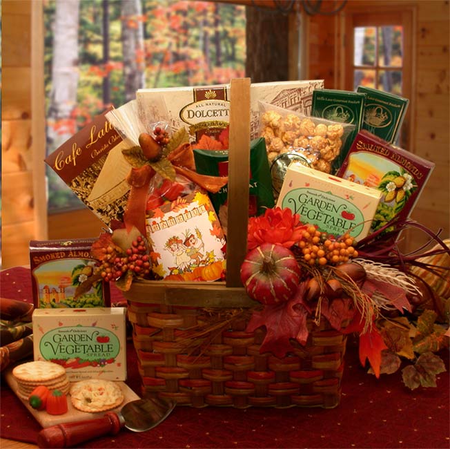 Send a gift basket delivery of: Harvest Blessings Gourmet Fall Gift Basket- Thanksgiving gift basket - Fall gift basket