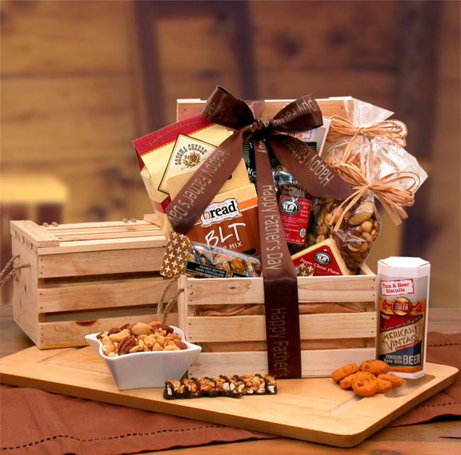 Send a gift basket delivery of: Dad's Favorites Premium Nuts & Snacks Crate - Father's Day gift - Gift for dad