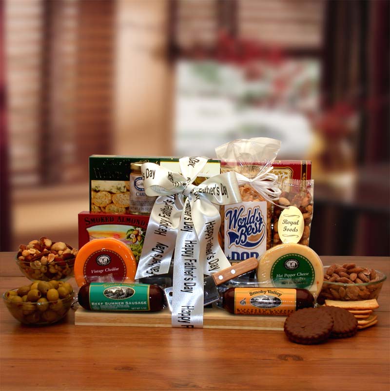 Send a gift basket delivery of: Fathers Day Ultimate Gourmet Nut & Sausage Board - Father's Day gift - Gift for dad