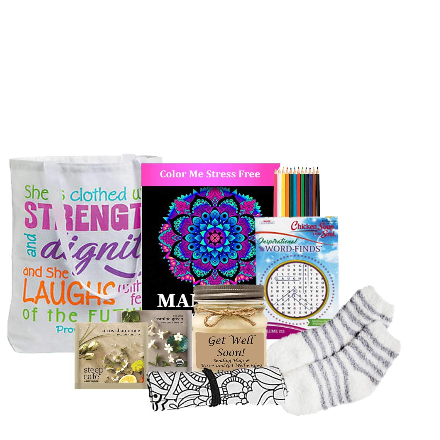 Send a gift basket delivery of: Get Well Soon Coloring & Activity Tote- get well soon gifts for women - get well soon gift basket - get well soon gifts