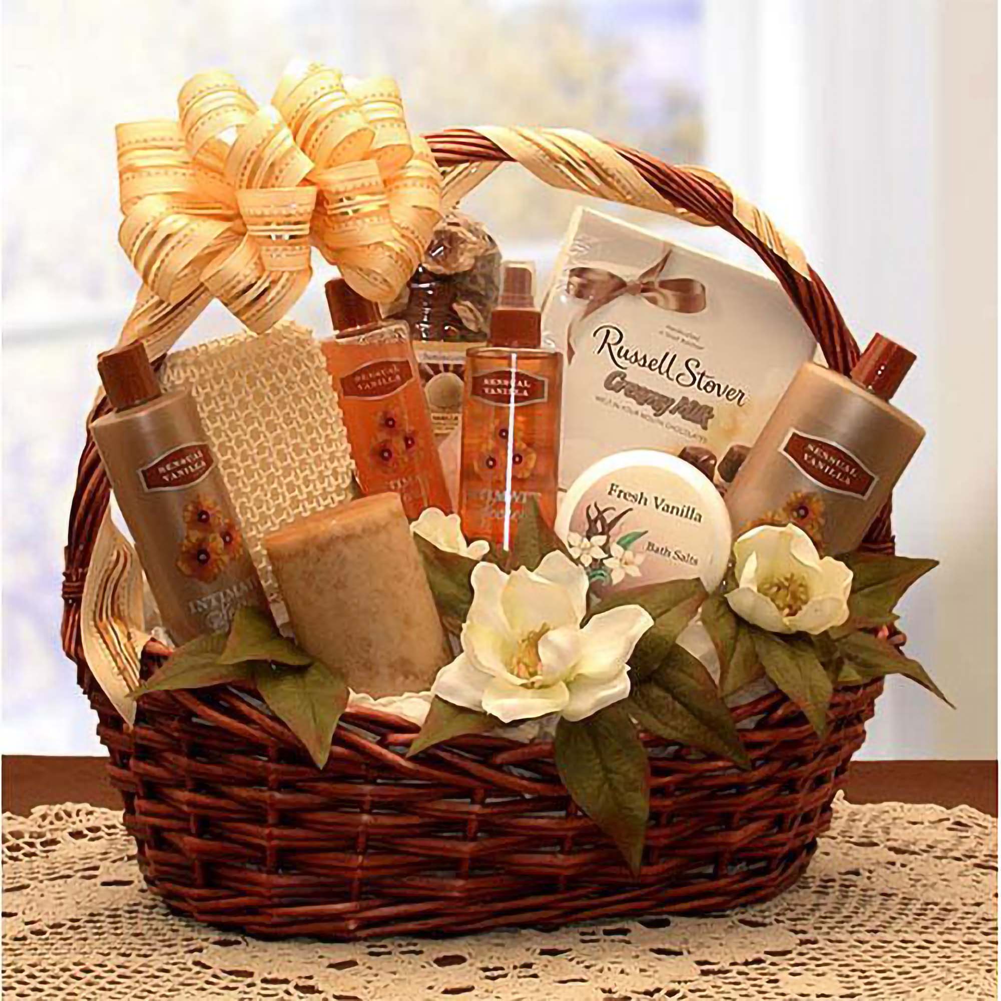 Send a gift basket delivery of: Vanilla Luxuries Bath and Body Basket - spa baskets for women gift