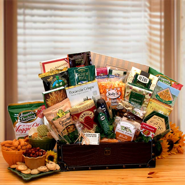 Send a gift basket delivery of: Gourmet Snacking Favorites Chest- gourmet gift basket