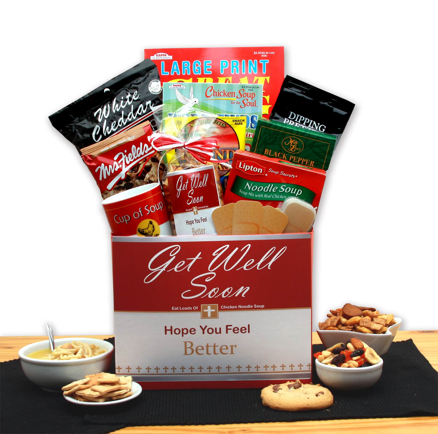 Send a gift basket delivery of: Chicken Noodle Soup Get Well Gift Box - get well soon basket - get well soon gifts for women - get well soon gifts for men