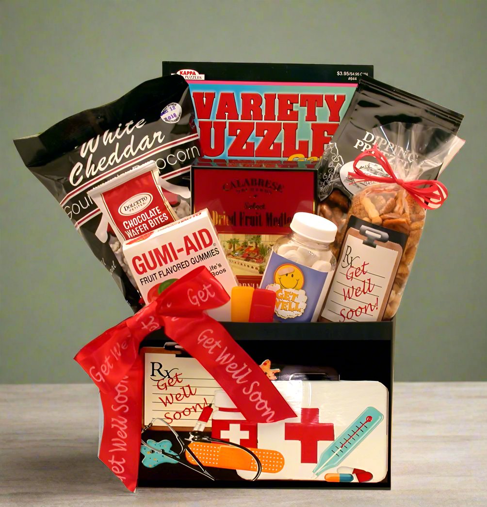 Send a gift basket delivery of: Doctor's Orders Get Well Gift Box - get well soon basket - get well soon gifts for women-get well soon gifts for men