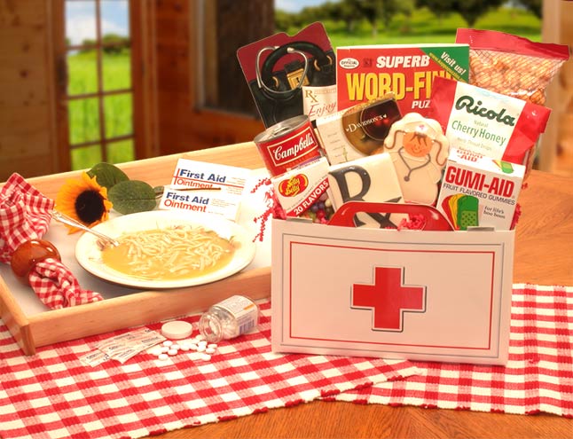 Send a gift basket delivery of: First Aid For The Ailing Get Well Gift Box - get well soon basket - get well soon gifts for women - get well soon gifts for men