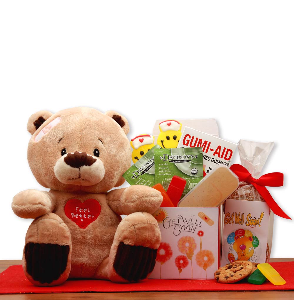 Send a gift basket delivery of: Get Well Soon Teddy Bear Gift Set - get well soon basket - get well soon gifts for women - get well soon gifts for men