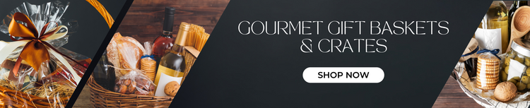 Wide desktop banner showing assorted gourmet gift baskets with items like wine, cookies, pasta, and bread. Stylish diagonal design separates the product images from the headline text: ‘Gourmet Gift Baskets & Crates’. A prominent ‘Shop Now’ button invites users to browse gift options.