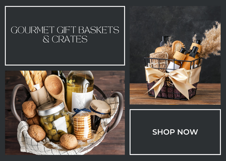 Mobile-friendly advertisement for gourmet gift baskets and crates. The image shows a close-up of a basket with wine, olives, crackers, and walnuts, alongside another basket filled with spa products like brushes and lotions. Decorative gold ribbon and modern text highlight the message: ‘Gourmet Gift Baskets & Crates’. A clear call-to-action button reads ‘Shop Now’