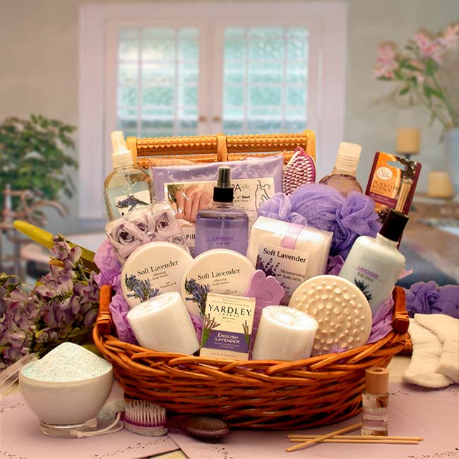 Send a gift basket delivery of: The Essence of Lavender Spa Gift Basket - spa baskets for women gift