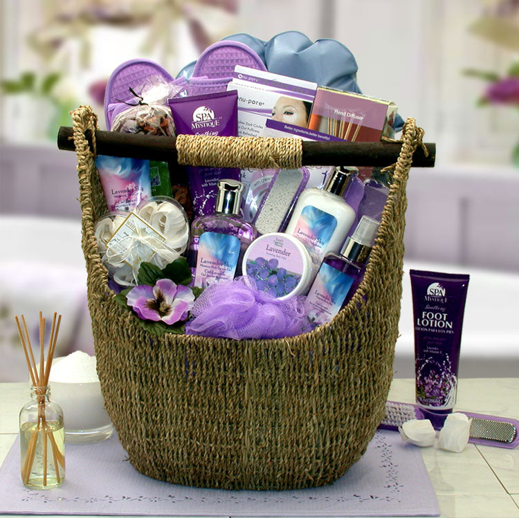 Send a gift basket delivery of: Lavender Sky Ultimate Bath & Body Tote - spa baskets for women gift