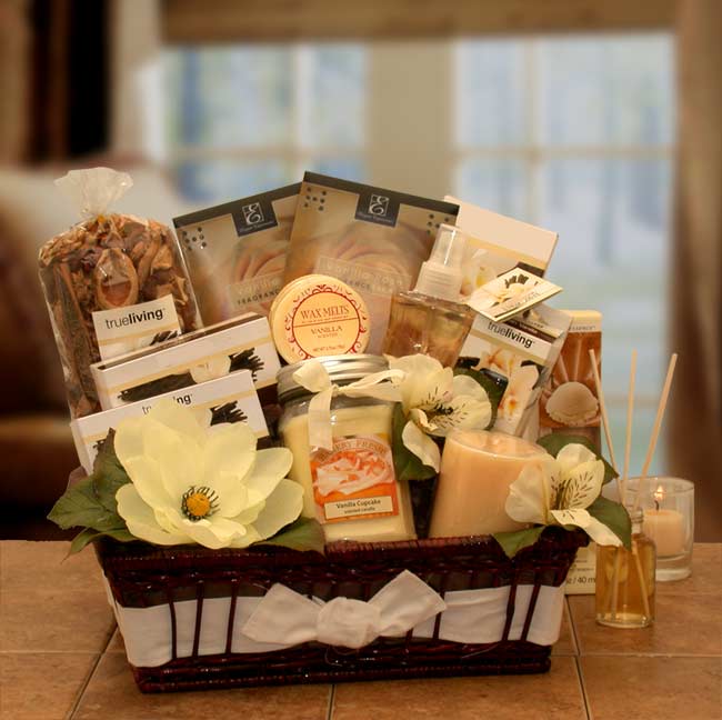 Send a gift basket delivery of: Vanilla Essence Candle Gift Basket - spa baskets for women gift