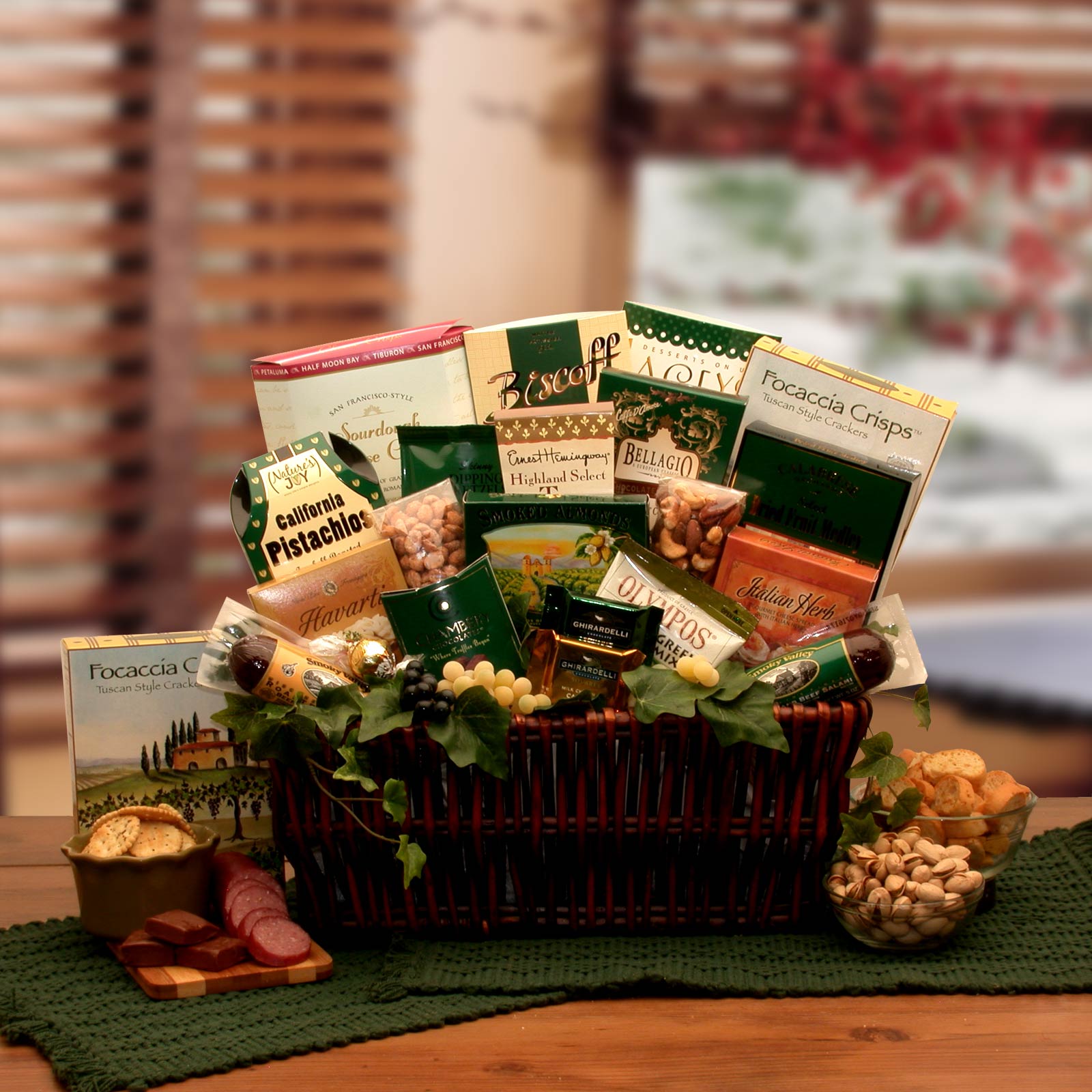 Send a gift basket delivery of: The Indulgent Gourmet Gift Basket - gourmet gift basket