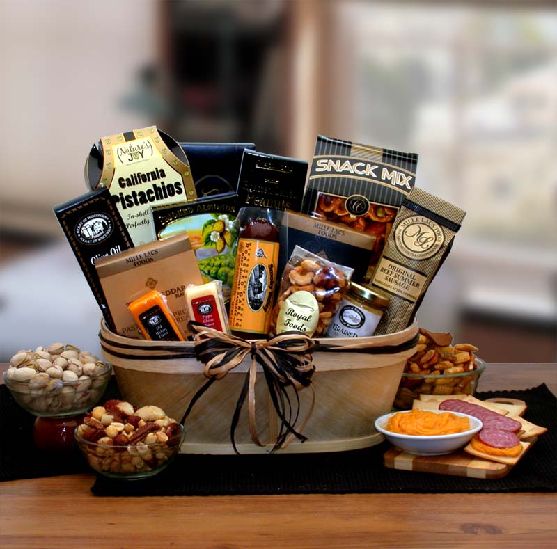 Send a gift basket delivery of: Gourmet Nut & Sausage Gift Basket- meat and cheese gift baskets