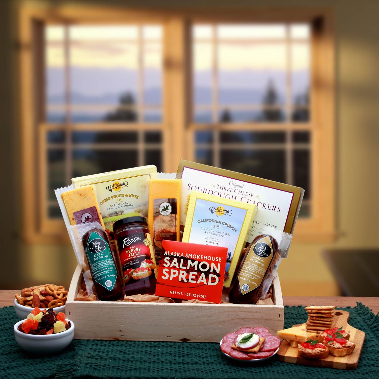 Send a gift basket delivery of: Simply Savory Gourmet Snack Tray - food gift basket