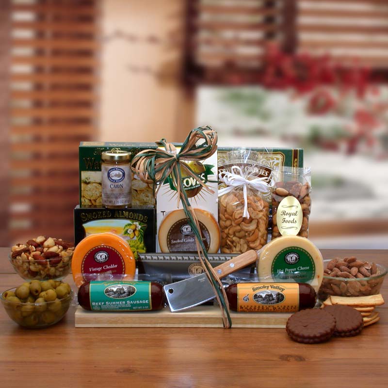 Send a gift basket delivery of: Ultimate Gourmet Nut & Sausage Board - meat and cheese gift - sausage and cheese gift