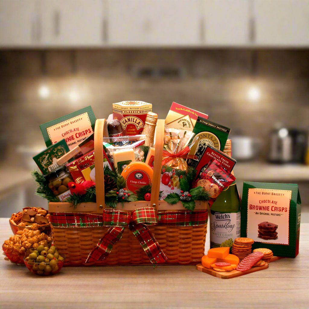 Send a gift basket delivery of: Holiday Greetings Gourmet Gift Hamper- Christmas gift basket. Photo of product shown.